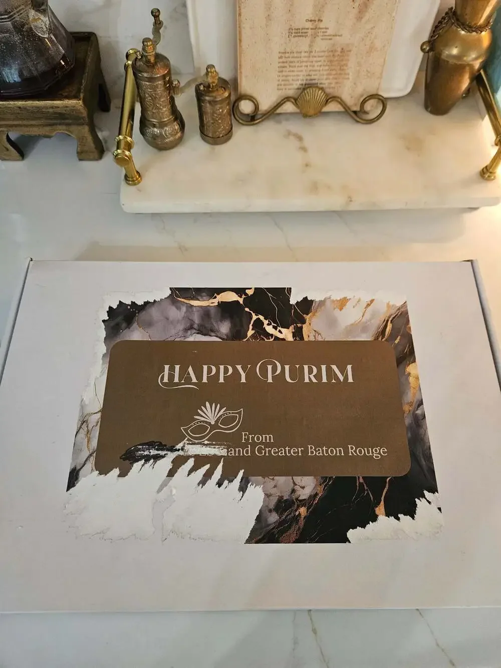 Decorative Serving Tray with Gold Handles and Shabbat Shalom Design
